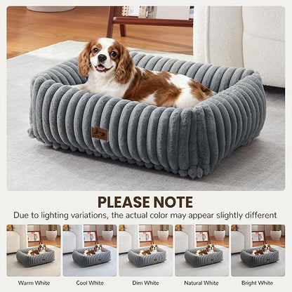 Warmrest Washable Dog Bed for Small Medium Dogs - Rectangle Orthopedic Corduroy Fleece Pet Bed with Removable Cover and Nonskid Bottom, Calming Puppy Bed Soft Pet Sofa, Grey(25x21x7inchs)