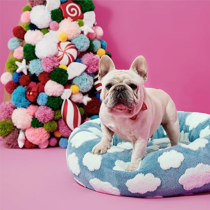 LE SURE Shown on TV Donut Dog Bed Medium Size Dog - Round Cat Beds Indoor as Bed Gift for Calming with Washable Cover, Cute Home Decor Bed with Jacquard Shaggy Plush & Anti Slip Bottom, 30 Inch, Blue