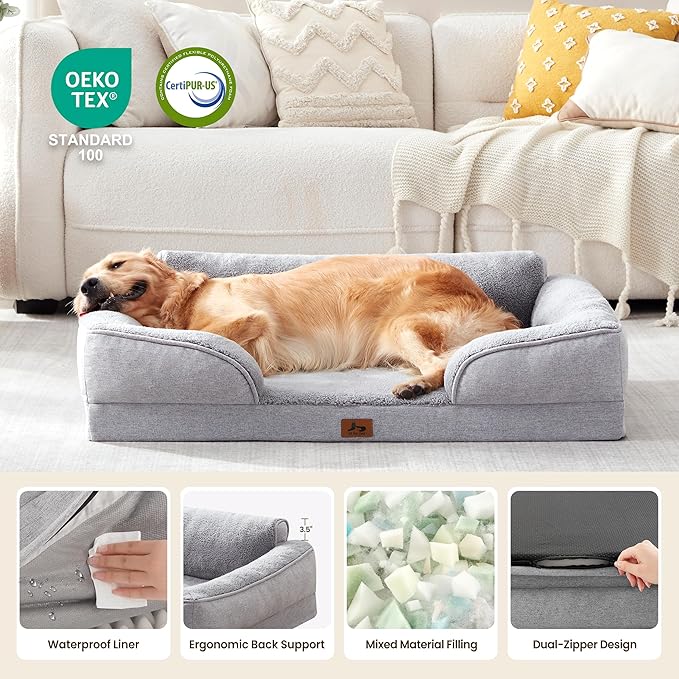 Warmrest XL Orthopedic Dog Beds for Large Dogs, Waterproof Egg-Crate Foam Pet Couch Bed with Soft Sides, Non-Slip Dog Sofa with Fleece Removable Washable Cover, 42" L Supportive Pet Sofa, Light Grey