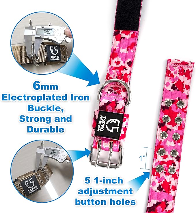 TSPRO Tactical Dog Collar, Adjustable, with Patch & Double Needle Metal Buckle, Heavy Duty for Medium to Large Dogs, Durable for Walking, Running, Hiking & Training (Camo Khaki M+)