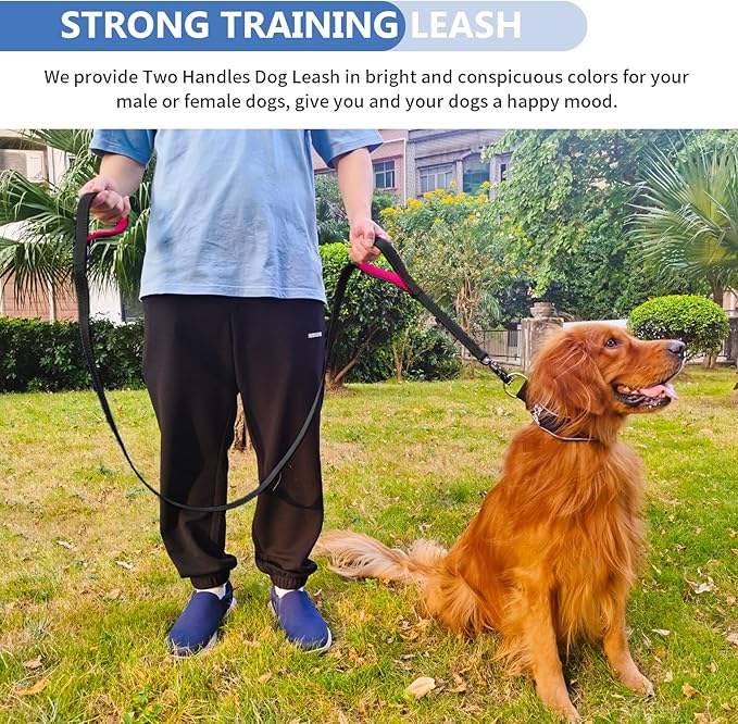Strong Heavy Duty Dog Leash - 4ft Reflective Nylon Training Leash with Soft Padded Double Handle & Auto Lock Frog Clip - Safety Traffic Control for Large Medium Small Dogs No Pull Walk Black Pink,4ft