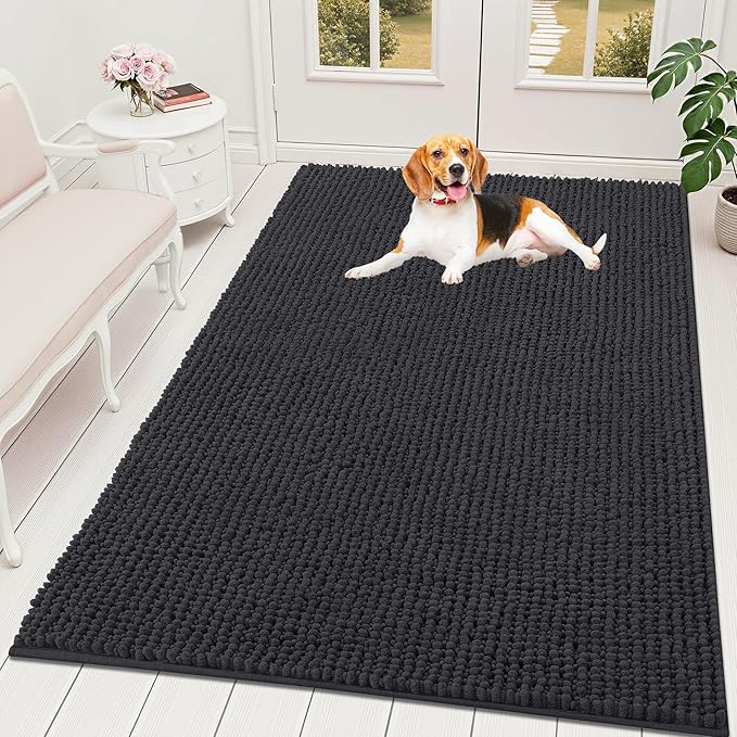 OLANLY Dog Door Mat for Muddy Paws 70x46, Ultra Absorbent Chenille Mud Doormat, Non-Slip Washable and Dirt Trapping Doormat for Indoor Entryway, Quick-Dry Indoor Pet Bed Mats for Dogs, Dark Grey