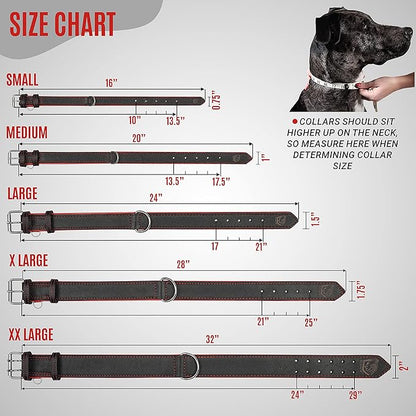 Riparo Genuine Leather Padded Dog Heavy Duty K-9 Adjustable Collar (S: 0.75” Wide for 10”-13.5” Neck, Black/Red Thread)