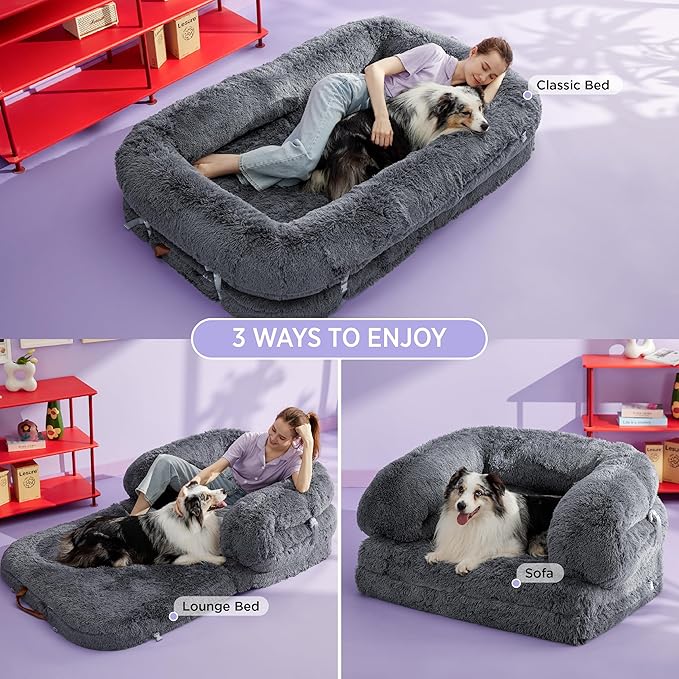 LE SURE Foldable Human Dog Bed - 3 in 1 Flexible Giant Human Dog Bed for Adult People with Supportive Bolster Egg Foam, Waterproof Liner, Calming Fluffy Faux Fur Orthopedic Big Bean Bed, Charcoal
