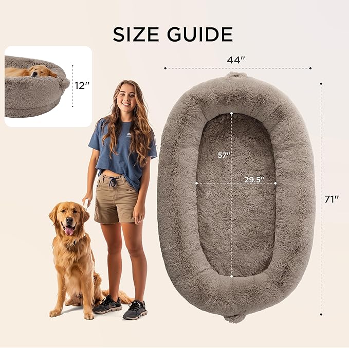 Bedsure Calming Human Dog Bed, 71" x 44" x 12" Giant Human Dog Bed for Adults People Fits Pet Families with Storage Pocket, Fluffy Faux Fur Orthopedic Pet Bean Bed, Camel