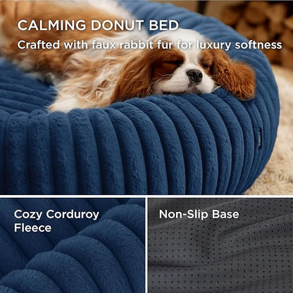 Bedsure ComfyFleece Donut Medium Dog Bed - Washable Faux Fur with Corduroy Fleece & Anti Slip Bottom, Round Pet Beds with Removable Cover, Night Blue, 30x30x8 inches
