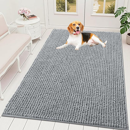 OLANLY Dog Door Mat for Muddy Paws 59x35, Ultra Absorbent Chenille Mud Doormat, Non-Slip Washable and Dirt Trapping Doormat for Indoor Entryway, Quick-Dry Indoor Pet Bed Mats for Dogs, Grey