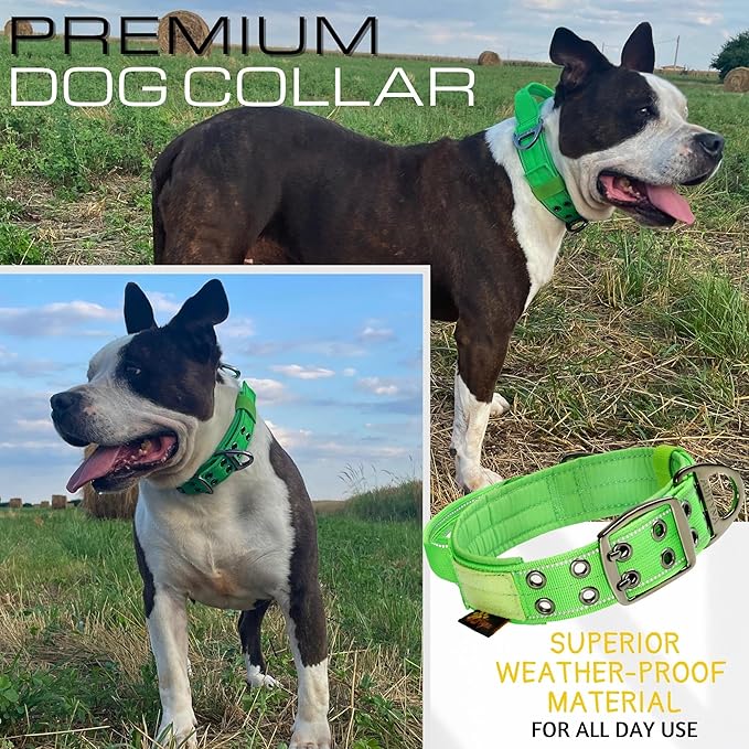 ADITYNA Heavy Duty Dog Collar for Extra-Large Dogs - Reflective Green Collar with Handle for Training, and Walking - Wide, Thick, Tactical, Soft Neoprene Padded
