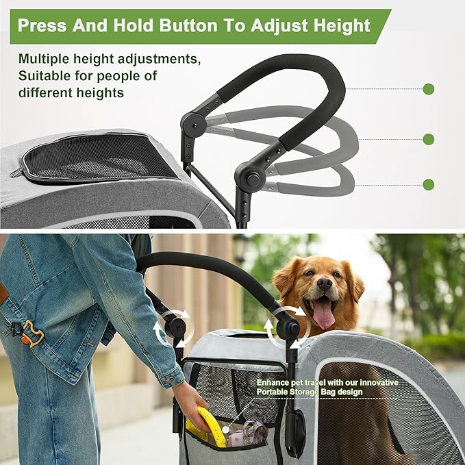 AOPEC Large Dog Stroller - Dual Entry Safety Folding Pet Stroller with Adjustable Handle, All-Terrain 4-Wheel, 160 lbs Weight Capacity for Travel & Outdoor Adventures - Gray