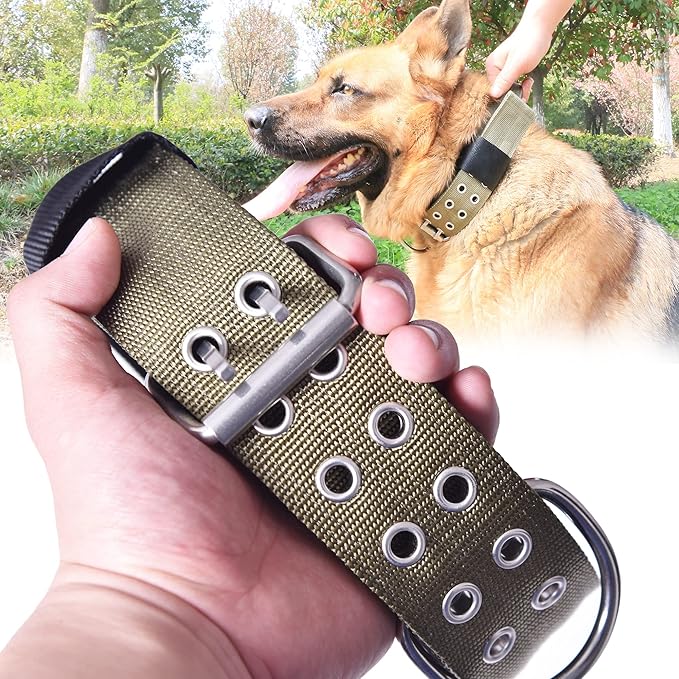 Large Dog Collar Heavy Duty- 2 inches Wide Tactical Dog Collar with Handle for Gaint Dogs, Extra Strong Nylon with Stainless Hardware, Military Green 19-23.5 in