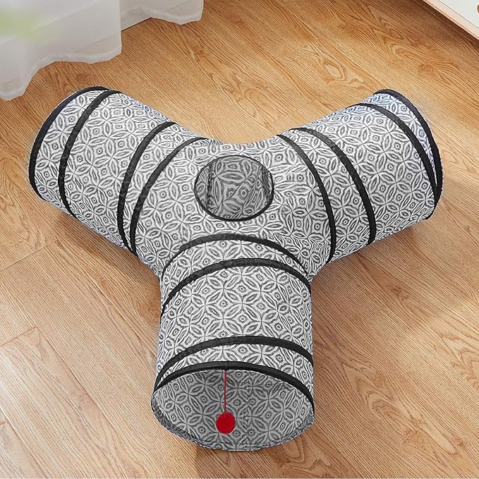 Tempcore 3 Way Collapsible Cat Tunnel for Indoor Cats, Pet Tunnel Bored Toys with Peek Hole & Ball for Puppy, Kitty, Kitten, Rabbit, Grey-Coin