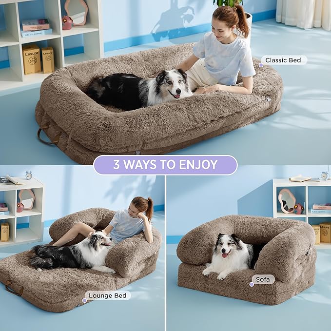 LE SURE Foldable Human Dog Bed - 3 in 1 Flexible Giant Human Dog Bed for Adult People with Supportive Bolster Egg Foam, Waterproof Liner, Calming Fluffy Faux Fur Orthopedic Big Bean Bed, Taupe