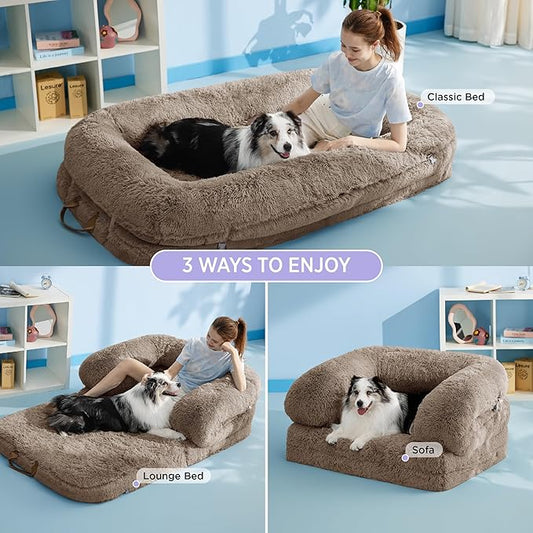 LE SURE Foldable Human Dog Bed - 3 in 1 Flexible Giant Human Dog Bed for Adult People with Supportive Bolster Egg Foam, Waterproof Liner, Calming Fluffy Faux Fur Orthopedic Big Bean Bed, Taupe