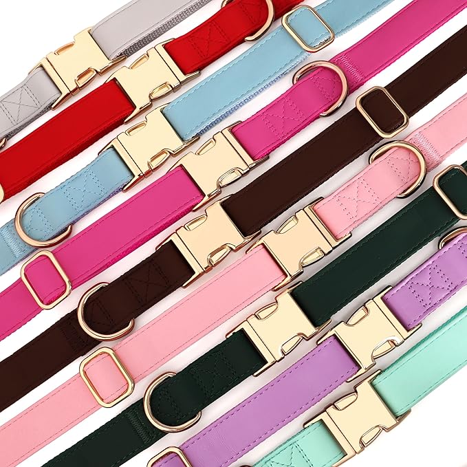 PET ARTIST Soft PU Leather Dog Collar, Bright Color & Durable Dog Collar Leather with Rose Gold Quick Release Metal Buckle, Adjustable Nylon Padded Pet Collars for Small Dogs, Neck Fit 9-14"