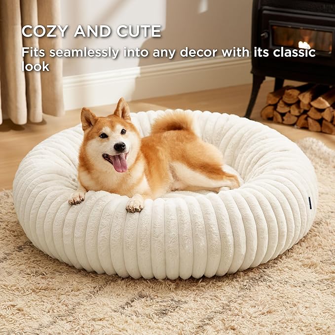 Bedsure ComfyFleece Donut Large Dog Bed - Washable Faux Fur with Corduroy Fleece & Anti Slip Bottom, Round Pet Bed with Removable Cover, Cream, 36x36x8 inches