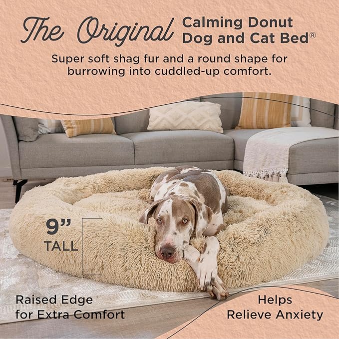Best Friends by Sheri The Original Calming Donut Dog Bed – Washable Plush Pet Bed for XXL Breeds up to 210 lbs, Shag Faux Fur, Taupe, XXL (54" x 54")