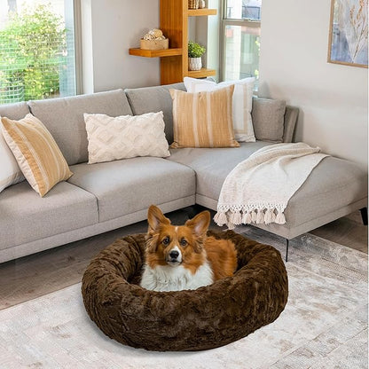 Best Friends by Sheri The Original Calming Donut Dog Bed – Washable Plush Pet Bed for Medium Breeds up to 45 lbs, Lux Faux Fur, Dark Brown, Medium (30" x 30")