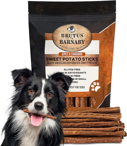 BRUTUS & BARNABY USA Sweet Potato Dog Treats - Crunchy Grain Free Cinnamon Apple Sticks, Promotes Positive Gut Health with Natural Anti-Diarrhea Properties (Cinnamon & Apple, 8 oz)