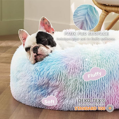 Bedsure Calming Dog Bed for Small Dogs - Donut Washable Small Pet Bed, Round Anti-Slip Fluffy Plush Faux Fur Large Cat Bed, Fits up to 25 lbs Pets, Multi-Colored, 23 inches