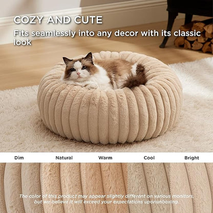 Bedsure ComfyFleece Cat beds for Indoor Cats - Donut Dog Beds for Small Dogs with Corduroy Fleece & Anti Slip Bottom, Faux Fur Pet Beds with Washable Removable Cover, Sandy Beige, 20x20x6 inches