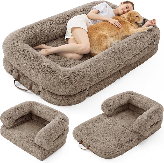 LE SURE Foldable Human Dog Bed - 3 in 1 Flexible Giant Human Dog Bed for Adult People with Supportive Bolster Egg Foam, Waterproof Liner, Calming Fluffy Faux Fur Orthopedic Big Bean Bed, Taupe