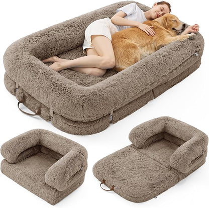 LE SURE Foldable Human Dog Bed - 3 in 1 Flexible Giant Human Dog Bed for Adult People with Supportive Bolster Egg Foam, Waterproof Liner, Calming Fluffy Faux Fur Orthopedic Big Bean Bed, Taupe