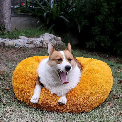 Calming Dog Bed for Medium Dogs Washable Donut 30 inches Anti-Slip Pet Bed,Round Fluffy Plush Faux Fur Cat Bed,Fits up to 45 lbs Pets,Orange