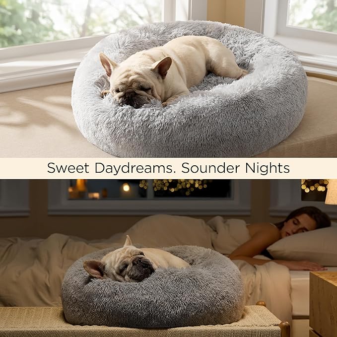 Bedsure Calming Dog Bed for Medium Dogs - Donut Washable Medium Pet Bed, 30 inches Anti-Slip Round Fluffy Plush Faux Fur Cat Bed, Fits up to 45 lbs Pets, Pale Grey