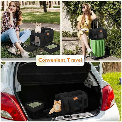 PETUX Airline Approved Pet Carrier - 17x11x9.5 in, Underseat, Top & Side Entry, Soft Sided Cat Dog Carrier for Small Cat & Dog Up to 12 lbs with Anti-Scratch Mesh & Litter Box for Travel & Vet - Black