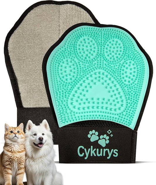 Cykurys Pet Hair Removal Glove for Dogs & Cats, 2-in-1 Double-Sided Pet Grooming Tool, Electrostatic Pet Hair Remover Glove for Clothes & Furniture + Silicone Brush for Deshedding Pets