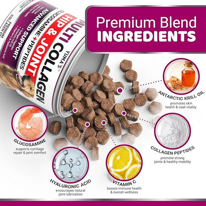 Advanced Collagen for Dogs - 170 Dog Collagen Chews - Hip and Joint Supplement - Skin & Coat Health, Cartilage & Mobility Support - Multi-Collagen Peptides - Glucosamine, Vitamin C, Hyaluronic Acid