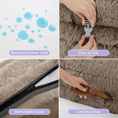 LE SURE Foldable Human Dog Bed - 3 in 1 Flexible Giant Human Dog Bed for Adult People with Supportive Bolster Egg Foam, Waterproof Liner, Calming Fluffy Faux Fur Orthopedic Big Bean Bed, Taupe