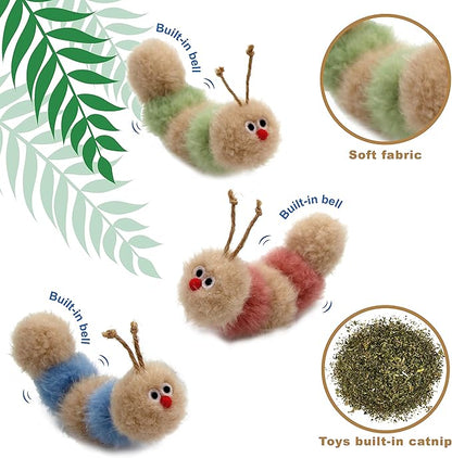 Jumpaws Interactive Natural 3 PK Catnip Toy, with Rattle, Bite Resistant, for All Ages Indoor Cat, Soft Caterpillar Toys, Fluffy Kitten Toy