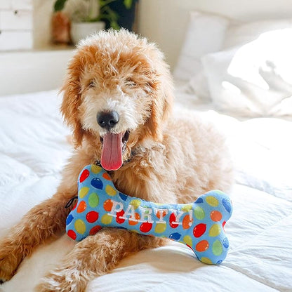 Huxley & Kent Funny Dog Toy w/Squeaker – Birthday Power Plush Squeaky Dog Toys for Small, Medium & Large Dogs – Soft Stuffed Animal for Indoor Play & Fetch - Party Time Blue Bone, Large