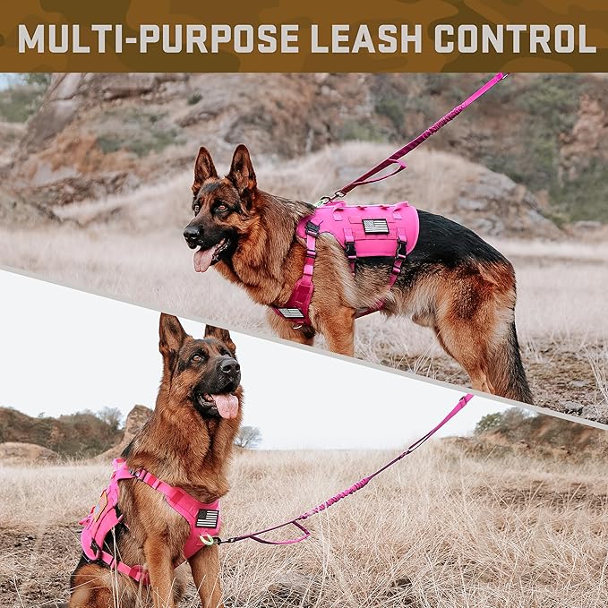 Forestpaw Pink Tactical Dog Harness for Large Dogs,Tactical Dog Collar with Bungee Leash Set,No Pull Military Dog Harness for Walking Training,Adjustable for Medium Large Dogs,Chest 21.5-45"