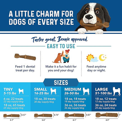 Bernie's Charming Chompers - Daily Dental Chews for Dogs 50-100 Lbs. - 12 Count - Cleans Teeth, Freshens Breath, + Boosts Oral-Gut Microbiome. Easy to Digest, Supports Healthy Digestion Naturally