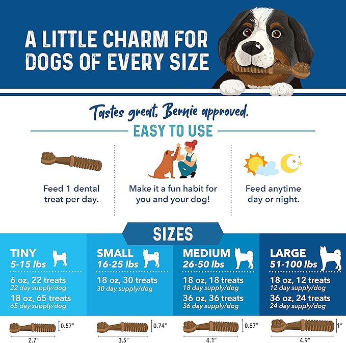 Bernie's Charming Chompers - Daily Dental Chews for Dogs 5-15 Lbs. - 22 Count - Cleans Teeth, Freshens Breath, + Boosts Oral-Gut Microbiome. Easy to Digest, Supports Healthy Digestion Naturally