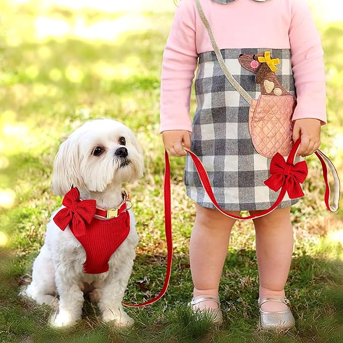 Didog Cute Small Dog Harness Collar and Leash Set with Bowtie, Breathable Soft Mesh Padded Puppy Harness, Christmas Dog Harness for for Parties, Holiday Gatherings & Gifts, Red, S