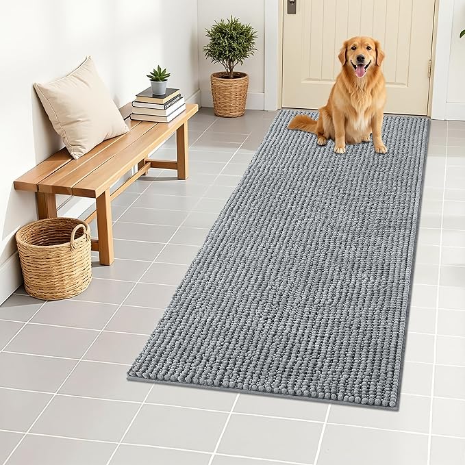 OLANLY Dog Door Mat for Muddy Paws 47x24, Ultra Absorbent Chenille Mud Doormat, Non-Slip Washable and Dirt Trapping Doormat for Indoor Entryway, Quick-Dry Indoor Pet Bed Mats for Dogs, Grey