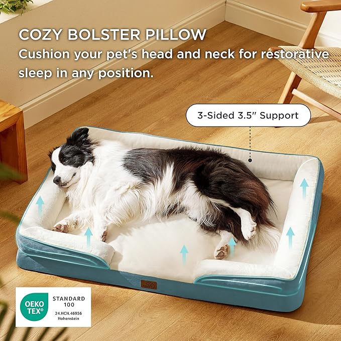 Bedsure Orthopedic Dog Beds Large Sized Dog - Washable Large Dog Cat Bed Waterproof, Comfort Dogs Couch Sofa with Washable Removable Cover, Pet Bed with Nonskid Bottom, Dune Haze Blue, 35"