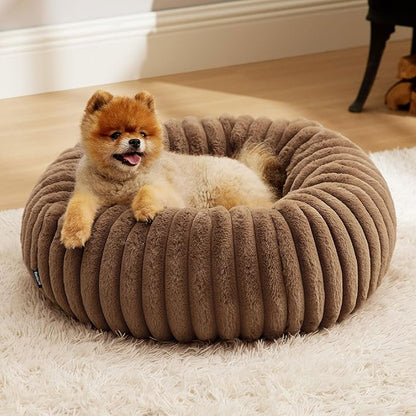 Bedsure ComfyFleece Donut Small Dog Bed - Dog Beds for Small Dogs with Corduroy Fleece & Anti Slip Bottom, Round Faux Fur Pet Beds with Washable Removable Cover, Camel Brown, 23x23x7 inches