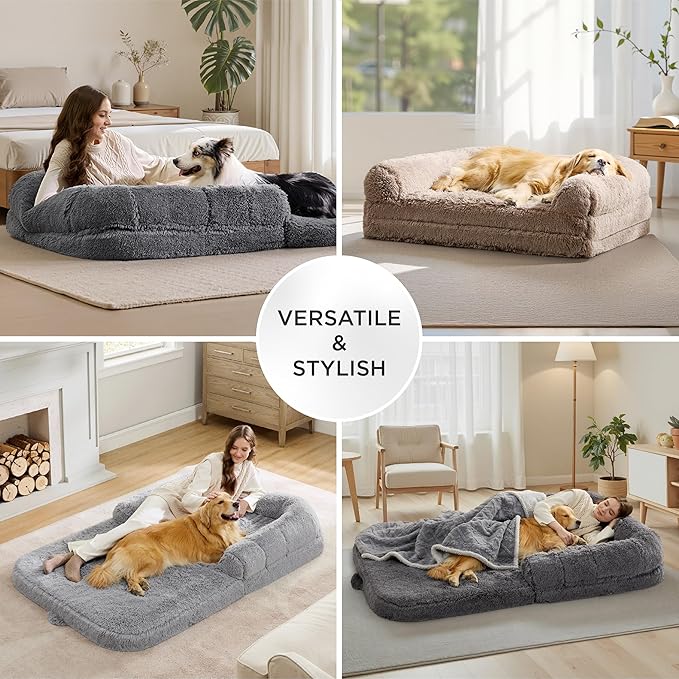 Bedsure Foldable Human Dog Bed -Giant Dog Bed for Adult People with Supportive Bolster Egg Foam, Waterproof Liner, Calming Fluffy Faux Fur Orthopedic Big Bean Bed, Light Grey