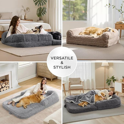 Bedsure Foldable Human Dog Bed -Giant Dog Bed for Adult People with Supportive Bolster Egg Foam, Waterproof Liner, Calming Fluffy Faux Fur Orthopedic Big Bean Bed, Light Grey