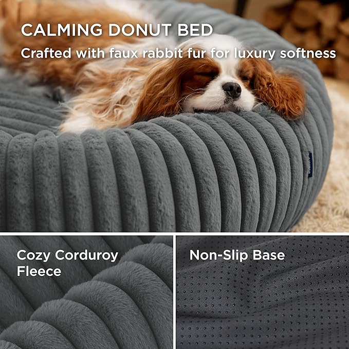 Bedsure ComfyFleece Cat beds for Indoor Cats - Donut Dog Beds for Small Dogs with Corduroy Fleece & Anti Slip Bottom, Faux Fur Pet Beds with Washable Removable Cover, Warm Grey, 20x20x6 inches