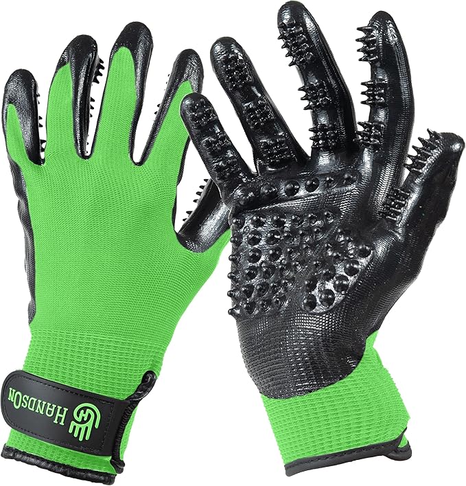 HandsOn Pet Grooming Gloves - #1 Ranked, Award Winning Shedding, Bathing, & Hair Remover Gloves for Cats, Dogs, and Horses (Green / Black, Large)