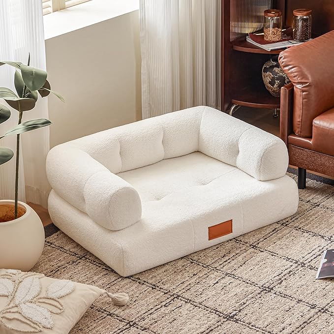 ATJafurn White Faux Shearling Dog Couch Bed for Large Dogs Under 70 lbs, 33.9 Inch Modern Tufted Elevated Dog Sofa with Leather Nameplate, Indoor Furniture Style Cute Raised Pet Sofa Bed (Large)