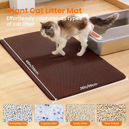 Petinstinct Jumbo Cat Litter Mat, 46x26 Inches Double Layer Honeycomb Litter Trapping Mat, Non Slip Waterproof Urine Proof Extra Large Cat Litter Box Mat, Kitten Supplies and Essentials, XXL, Brown