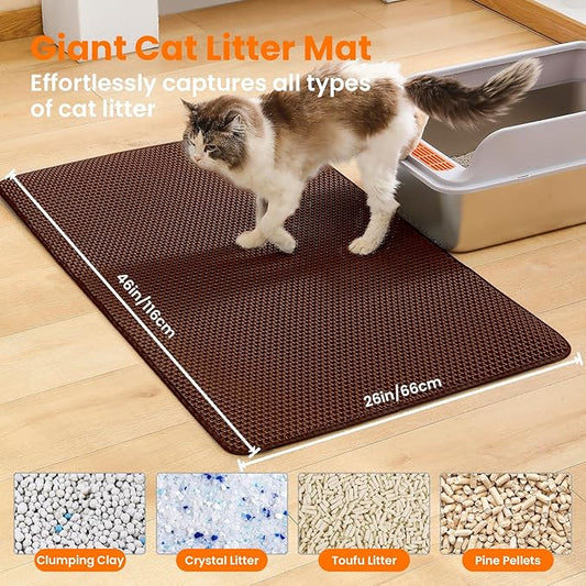 Petinstinct Jumbo Cat Litter Mat, 46x26 Inches Double Layer Honeycomb Litter Trapping Mat, Non Slip Waterproof Urine Proof Extra Large Cat Litter Box Mat, Kitten Supplies and Essentials, XXL, Brown