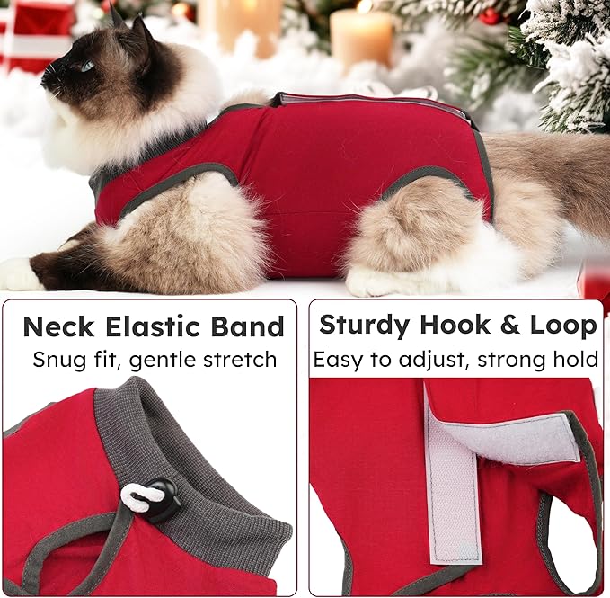 Hpetppy Cat Recovery Suit for Spay Abdominal Wounds, Kitten Onesie Bodysuit for Cats After Surgery, Cat Surgery Recovery Suit Female Cone of Shame Alternative for Cats Anti Licking (Red,M)
