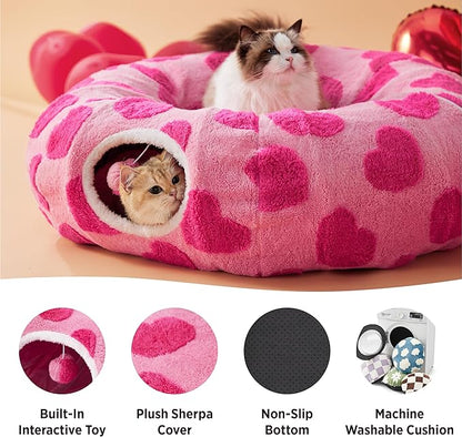 Lesure Cat Tunnel Bed for Indoor Cats - Cute Cat Donut Tunnel Toys with Washable Circle Cushion, Valentine's Day Gifts for Cats, Round Pet Peekaboo Cave Toy for Kitten, Standard Lover Hearts